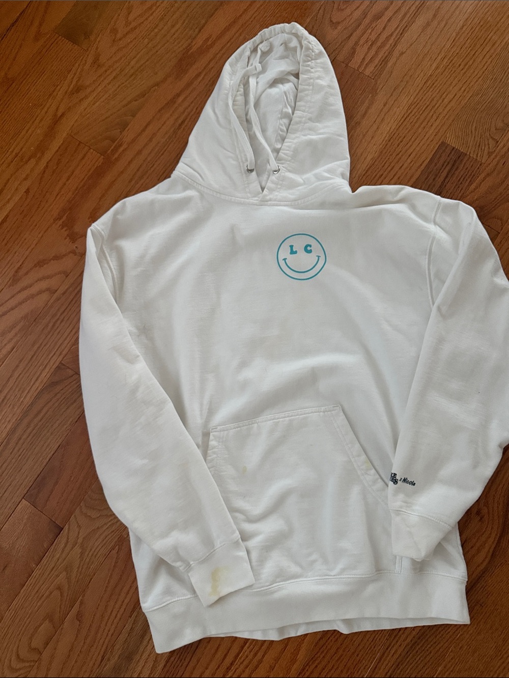 Luke Combs White Hoodie with Blue Smiley Chest Graphic